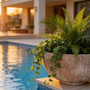 May include: A large, round, light-colored stone planter filled with a lush arrangement of green ferns and trailing ivy vines. The planter sits on the edge of a swimming pool, with the water reflecting the warm, golden light of the setting sun.
