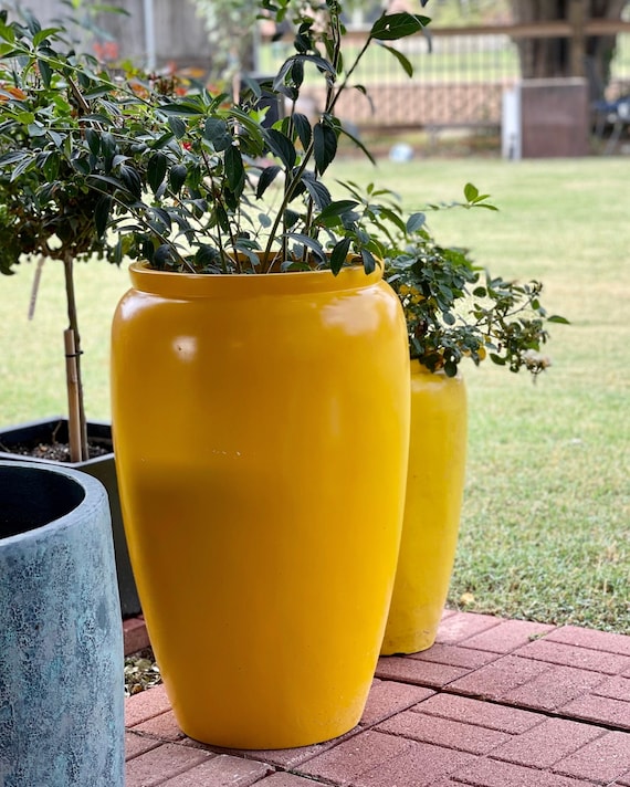 20-27 Inches Tall Fiberglass Planter in Glossy Yellow, Beautiful