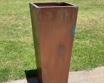 23-47 ‘’Tall Unique Fiberglass Planter Finished In Antique Copper - In/outdoor Use