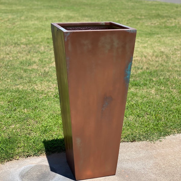 23-47 ‘’Tall Unique Fiberglass Planter Finished In Antique Copper - In/outdoor Use