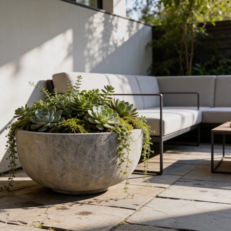 May include: A large, round, gray concrete planter filled with various green succulents and trailing plants. The planter sits on a stone patio, with a modern outdoor sofa in the background. The plants are a mix of textures and shades of green.