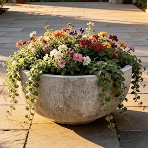 May include: A large, weathered concrete planter overflowing with colorful flowers. The arrangement includes blooms in shades of red, orange, yellow, pink, and purple, with trailing green vines cascading over the sides. The planter sits on a stone patio.