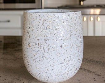 12-21 inches tall fiberglass planter finish in mix stone and sea shells, plant pots, garden planter, offer in multiple sizes.
