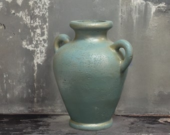 Handmade Concrete Vase with Handles - Antique Teal & Gold - 10 Inch