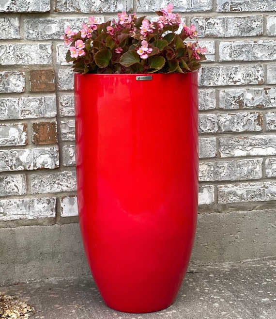 Gloss Red Fiberglass Planter: Tall Round Contemporary Garden Pot