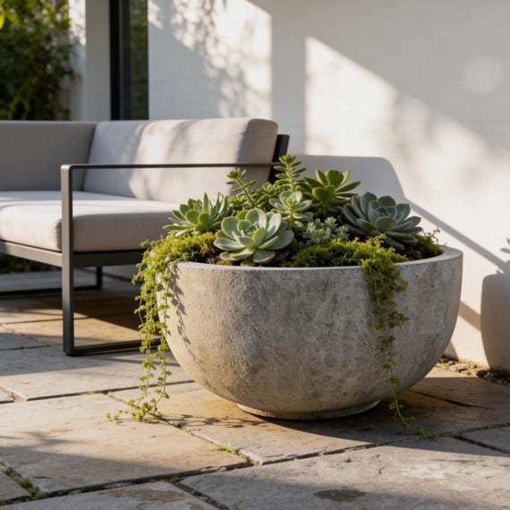 Old Stone Fiberglass Garden Planter: 22-31 Inch Farm Pond Bowl