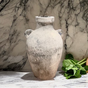 13 Inches tall - Concrete handmade vase with handles, beautiful finishing antique gray - white