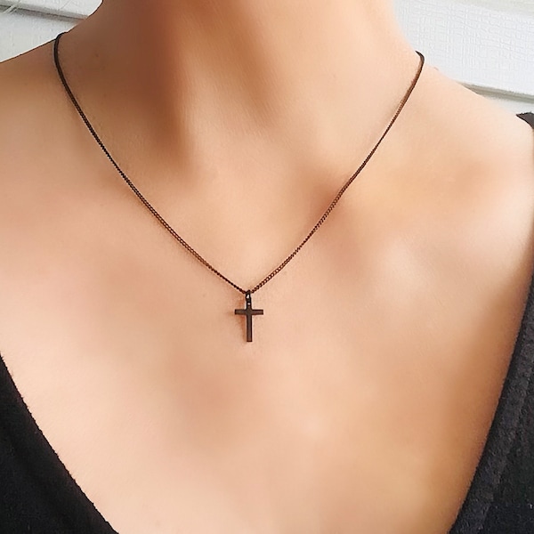 Tiny Black Cross Necklace Small Dainty Black Jewelry Minimal Necklace