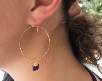 Gold Filled Hoop Earrings With Raw Amethyst Earrings Gold Large Hoop Earrings