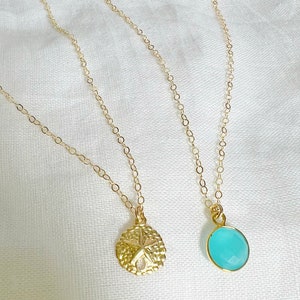 Dainty Jewelry for Women Layered Necklaces Set of 2 Dainty Necklace Gifts for Her Blue Topaz Sand Dollar 24 K Gold Layered Necklace Set