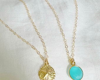 Dainty Jewelry for Women Layered Necklaces Set of 2 Dainty Necklace Gifts for Her Blue Topaz Sand Dollar 24 K Gold Layered Necklace Set