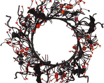16 inch Artificial Halloween Wreath Spider Pumpkin Wreath Berry Wreath for Front Door Fall Decorations