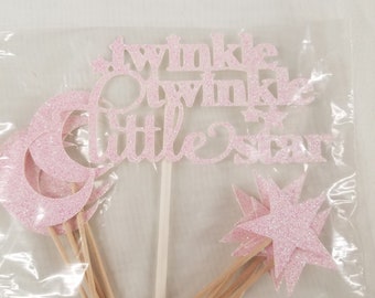 Star Cupcake Topper, Twinkle Twinkle Little Star Cupcake Topper, Birthday, Baby Shower, Glitter Topper 12pcs + Twinkle Twinkle Topper