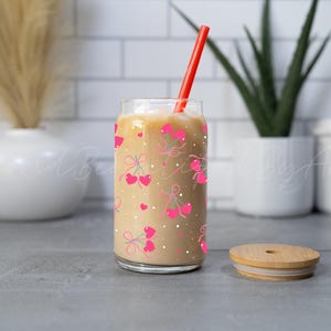 Pink Heart Cherries Coffee Cup 16oz Iced Coffee Glass Tumbler Custom Tumbler Aesthetic Glass Can Coquette Glass with Lid and Straw