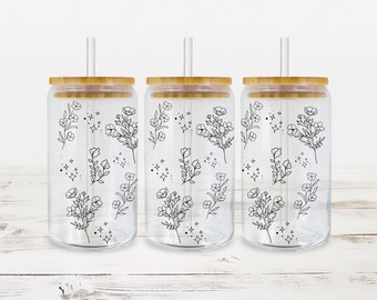 Wildflower Beer Can Glass, Blessed, 16oz Libbey Glass with Bamboo Lid
