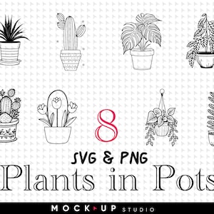 Op de afbeelding: Acht zwart-witte lijntekeningen van planten in potten. De planten omvatten een cactus, een succulent, een varen, een monstera, een hangplant en een potplant met bloemen. De tekst "Plants in Pots" staat in zwart onder de afbeeldingen.