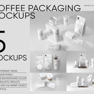 Modelo do PhotoShop, PSD, mockup de embalagem de café branco, mockup de caneca de café quadrada branca, mockup de saco de café, mockup de xícara de café, mockup de logotipo
