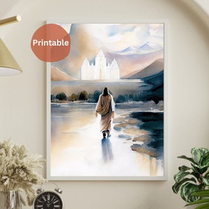 Cristo che cammina verso il tempio Stampa di download digitale ad acquerello pacifico e stimolante