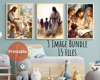 Peut inclure: Un ensemble de trois images imprimables représentant Jésus avec des enfants. La première image montre Jésus enseignant des enfants, la deuxième montre Jésus marchant avec des enfants et la troisième montre Jésus lisant à des enfants.