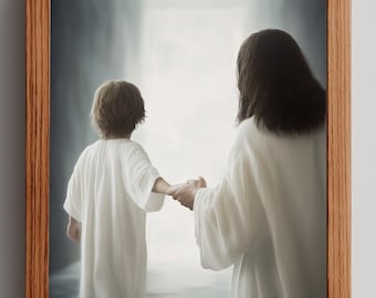 May include: A framed print depicts two figures in white robes holding hands, walking towards a bright light. The figures are seen from the back, with one appearing to be a child. The frame is made of wood.