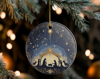 ヴィンテージのキリスト降誕シーンのクリスマスオーナメント、ベツレヘムの星の下の聖家族、キリスト教のホリデー記念品装飾