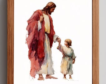 May include: Watercolor painting in a wooden frame. The artwork depicts a figure in a red robe holding the hand of a child in a light-colored tunic. The figures are set against a white background.