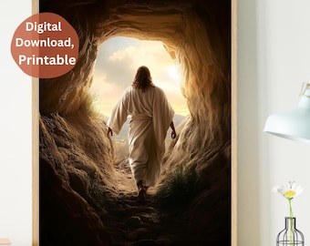 May include: A digital art print depicting a man in a white robe emerging from a cave. The cave is dark, with light from the outside shining through the entrance. The man is walking towards the light.