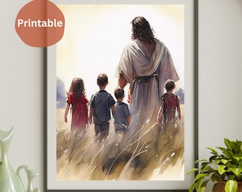 Christ Walking with Children Peaceful and Inspiring Watercolor Painting Digital Download Print
