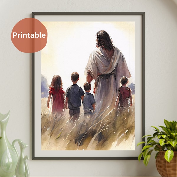 Christ Walking with Children Peaceful and Inspiring Watercolor Painting Digital Download Print