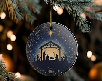 ヴィンテージのキリスト降誕シーンのクリスマスオーナメント、ベツレヘムの星を持つ聖家族、キリスト教のホリデーツリーのデコレーション