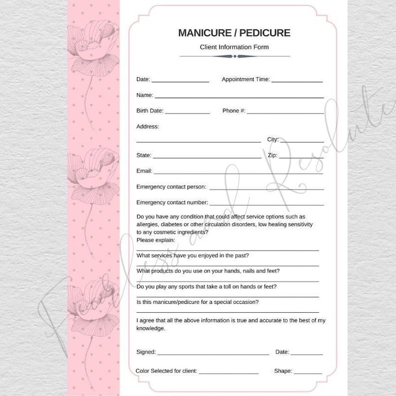 Manicure/Pedicure Client Information Form Etsy