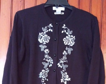 Vintage "KLEID BARN" Schwarz Anzug Trendy Cardigan Pullover mit 3D Floral Pailletten Baumwolle Blend Size Medium