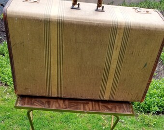 A Vintage Brown "MCM" Tweed Striped Hardside Suitcase/Luggage Leather Trim and Handle 26"x17"x7"