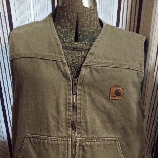 Vintage CARHARTT Vest Workwear Moss Green Zip Up~Lined SIze Large~Made in USA