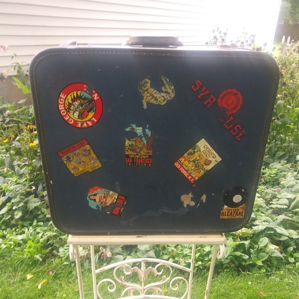 Very Vintage 1950's Mid Century Blue Hardside Luggage/Suitcase,Authentic Stickers,Leather Trim Quilted Interior~Great Patina 21"x18"x7"