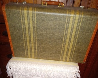 A Vintage Brown "MCM" Tweed Striped Hardside Suitcase/Luggage Leather Trim and Handle w Purple Interior w Key21"x14"x7"