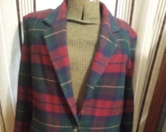 Vintage Y2K "TALBOT's" Red/Green Plaid Oversize Blazer Wool Blend Size Medium