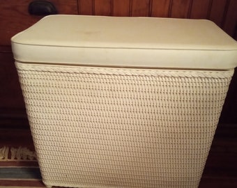 Vintage Mid Century White Wicker Hamper with 2" Padded Top 21"X20" 12 1/2"