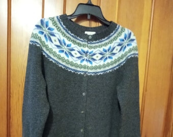 Vintage 1990's "L.L. Bean" Wool Nordic Fair Isle Navy Blue Cardigan Sweater SZ Small