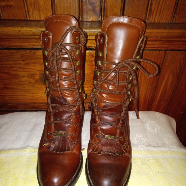 Vintage 1990's Leather "DOUBLE H" Packer Brown Lace Up Boots Size 9M