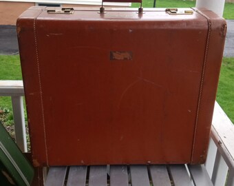 Vintage 50's Heavy Cowhide Leather Carmel Color Hardside Suitcase/Luggage w  Handle 21"x18"x8"