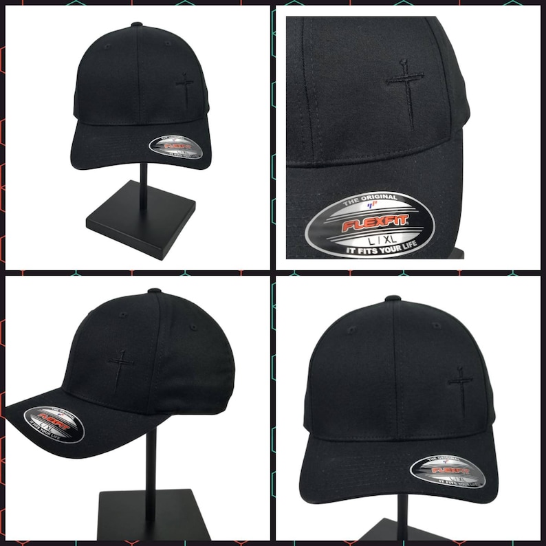 May include: Black baseball cap with a small cross embroidered on the front. The cap has a Flexfit label on the side with the text "The Original Flexfit L/XL It Fits Your Life".