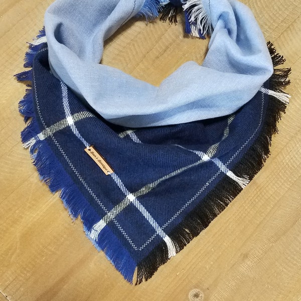 The Princeton Plaid dog bandana scarf fringe frayed in navy blue, light blue, white, beige, and black
