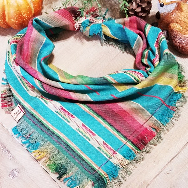 Festive Latin American stripe fringe frayed dancing dog bandana scarf in teal blue, burgundy, green, beige, yellow+matching scrunchie option