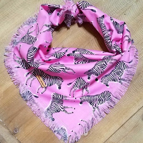 Bubblegum Pink Exotic Retreat dog bandana scarf in pink, black, white zebra print + matching scrunchie option