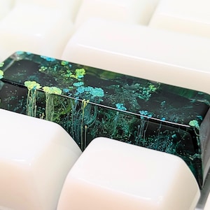 May include: A rectangular, dark green box with a marbled design of teal and yellow-green. The box is surrounded by white, rectangular shapes, creating a contrasting background. The box's design resembles a watercolor painting.