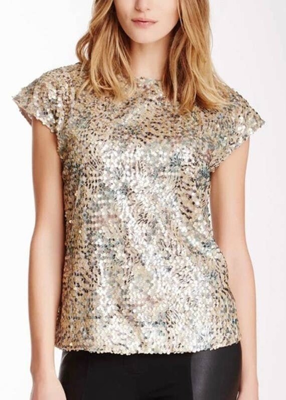 Rachel Zoe Silver Sequin Cap Sleeve Blouse Size Small 