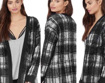 Tobi Plaid Mohair Open Front Cardigan Small