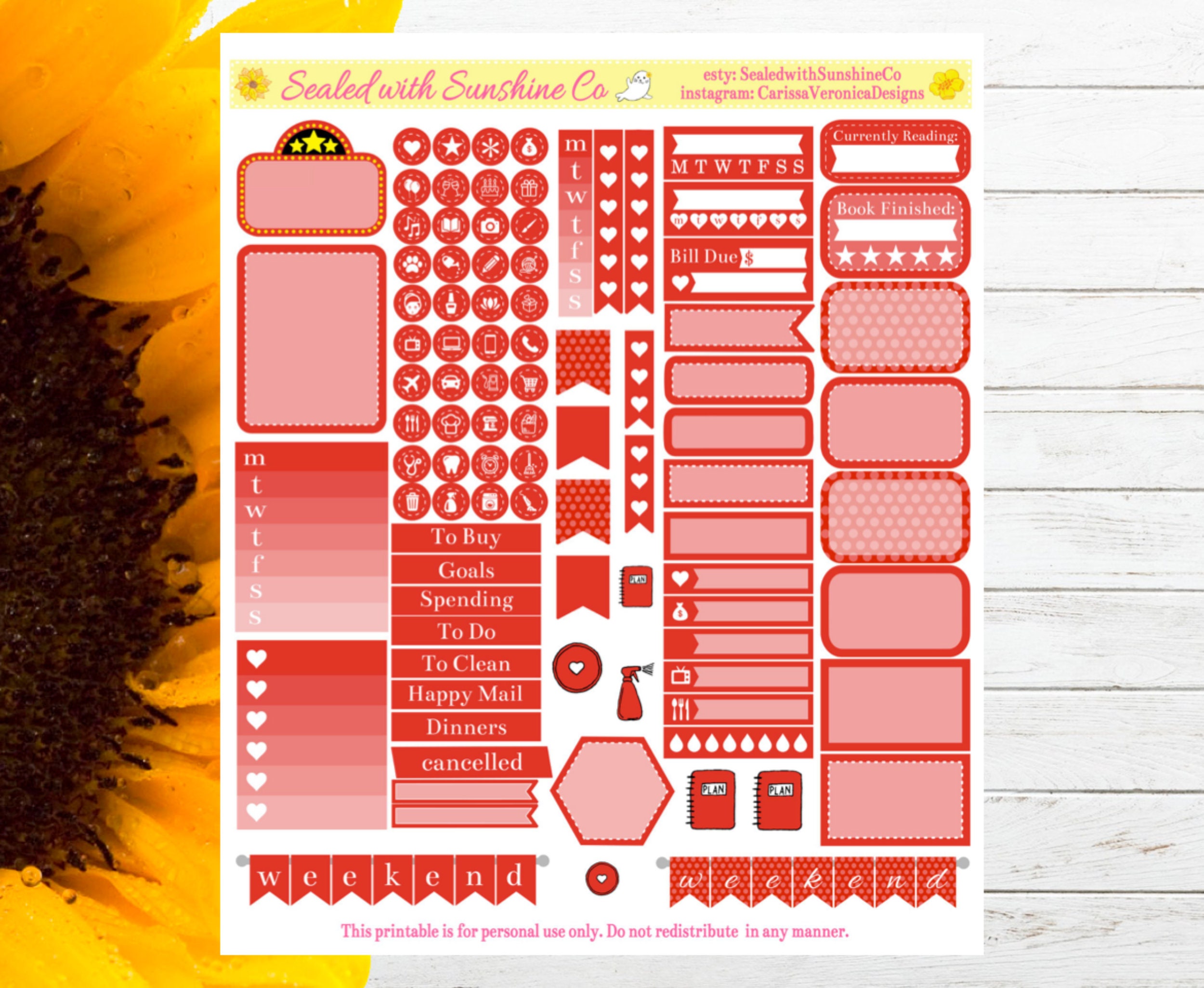 Red Sampler for Erin Condren - Printable Planner Stickers, Functional ...