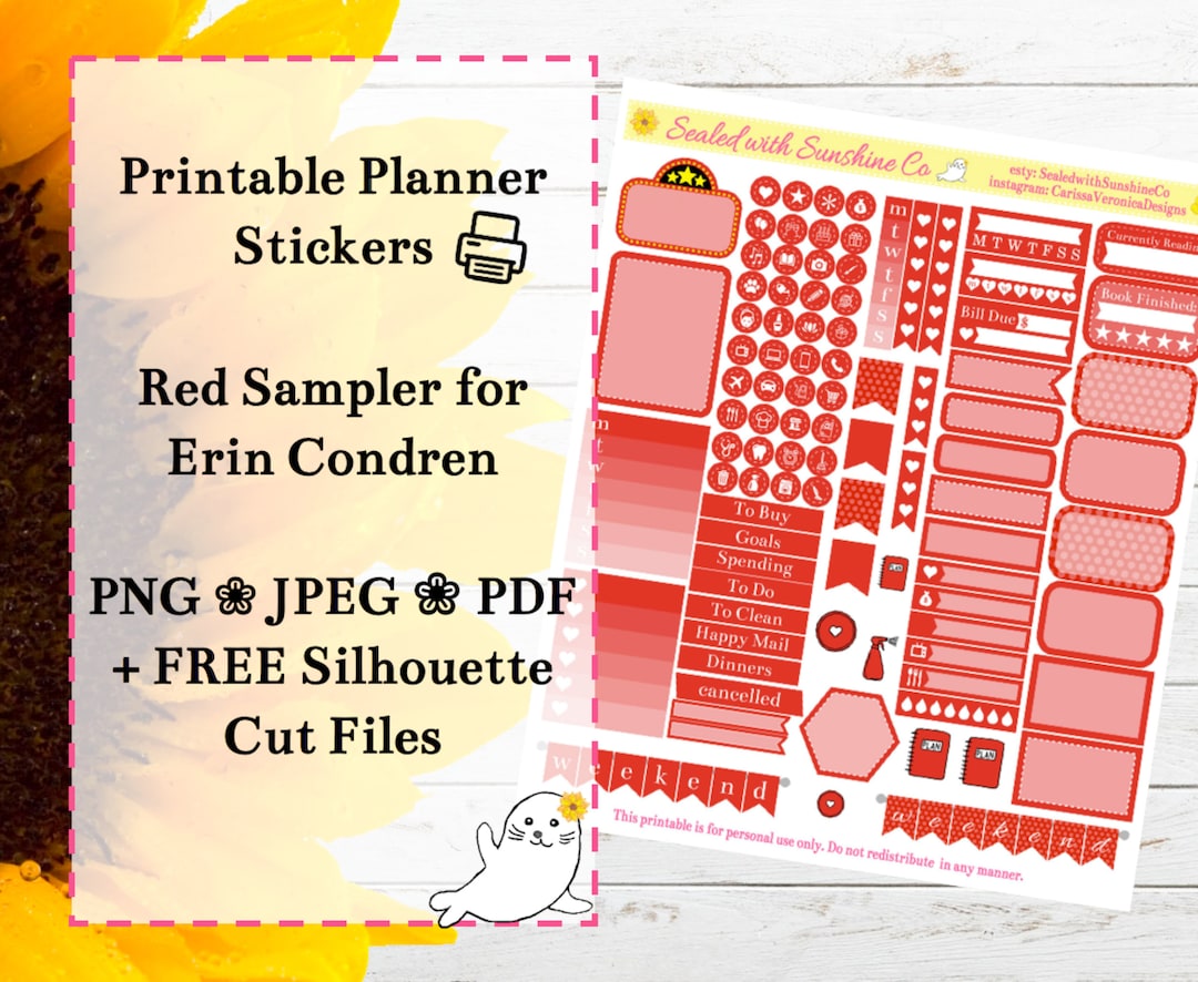 Red Sampler for Erin Condren - Printable Planner Stickers, Functional ...